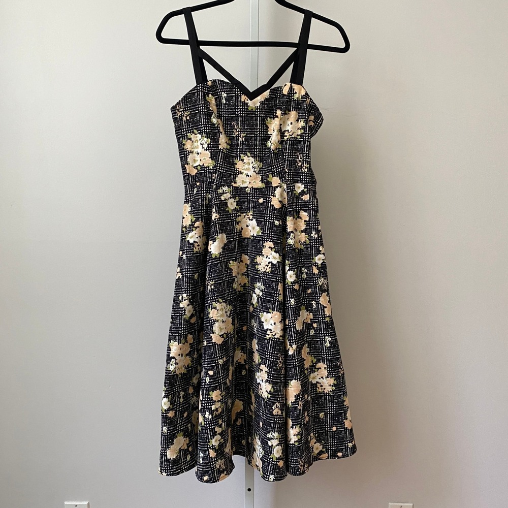 Hearts & Roses Cotton Rockabilly Retro Floral‎ Plaid Fit Flare Dress 6 Black